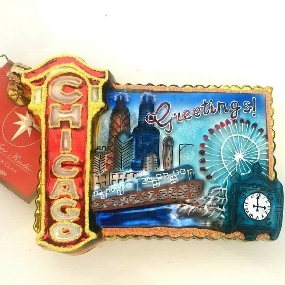 ✨ NEW Authentic Christopher Radko CHICAGO Greetings Postcard Rare Glass Ornament - Picture 2 of 7